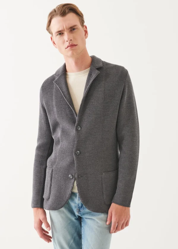 Cardigan Stitch Merino Wool 3-Button Blazer