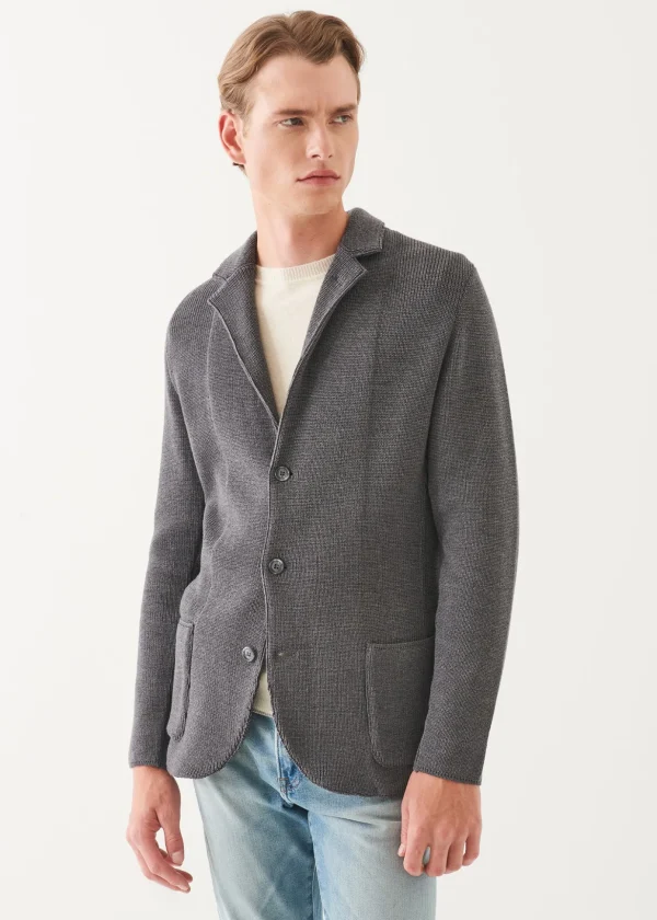 Cardigan Stitch Merino Wool 3-Button Blazer