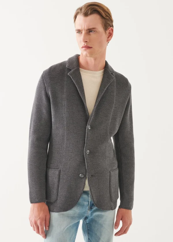 Cardigan Stitch Merino Wool 3-Button Blazer