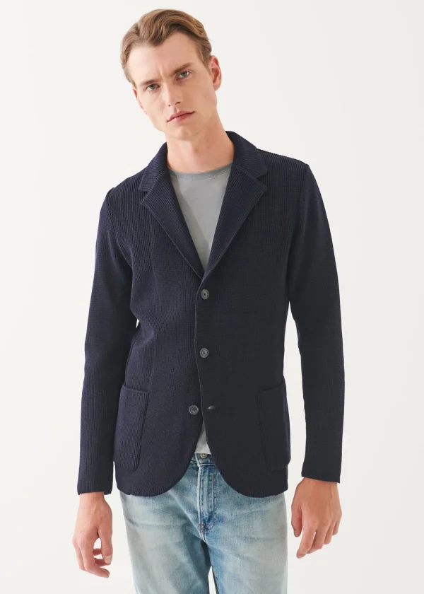 Cardigan Stitch Merino Wool 3-Button Blazer