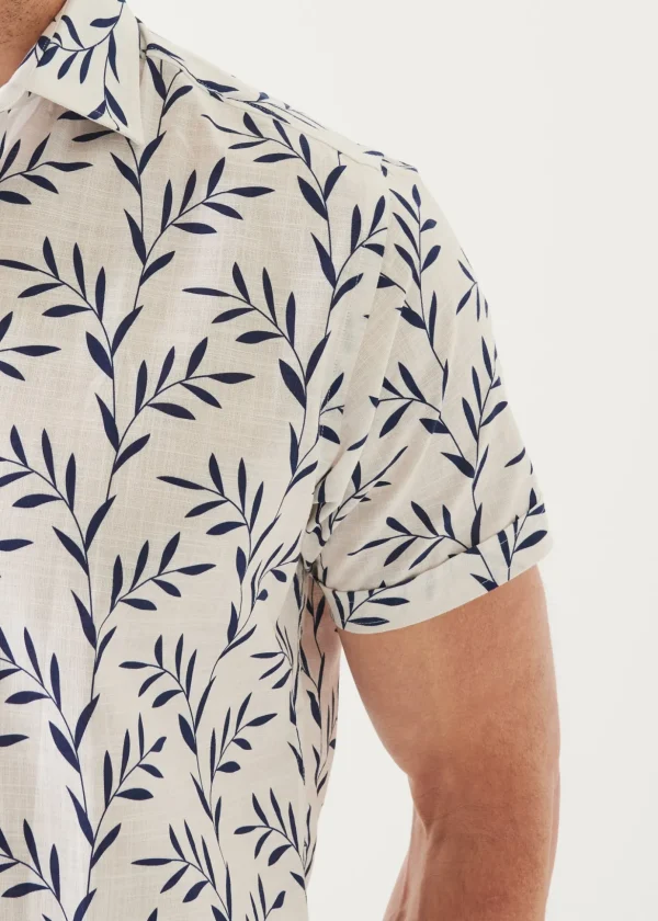 Leaf Print Cotton Short Sleeve Shirt