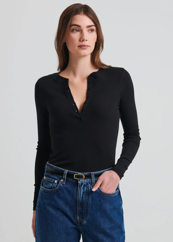 Pima Cotton Stretch Ribbed Long Sleeve Henley