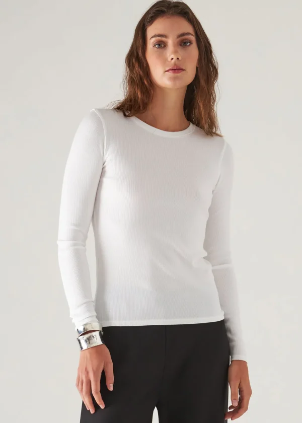 Pima Cotton Stretch Ribbed Long Sleeve Crew Neck T-Shirt