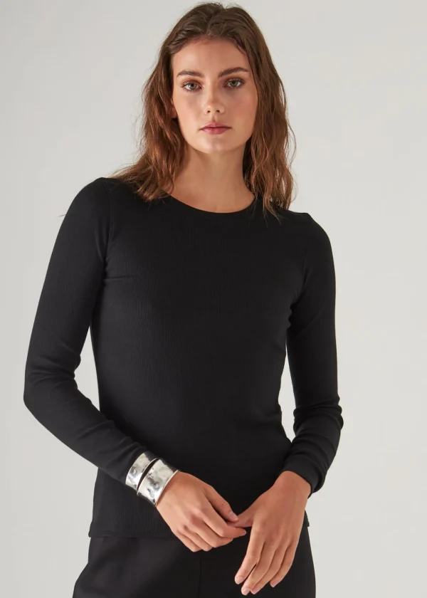 Pima Cotton Stretch Ribbed Long Sleeve Crew Neck T-Shirt