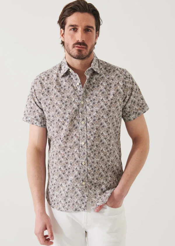 Short Sleeve Leaf Print Cotton Button Up