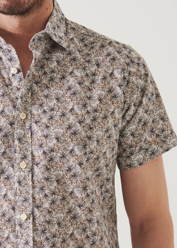 Short Sleeve Leaf Print Cotton Button Up