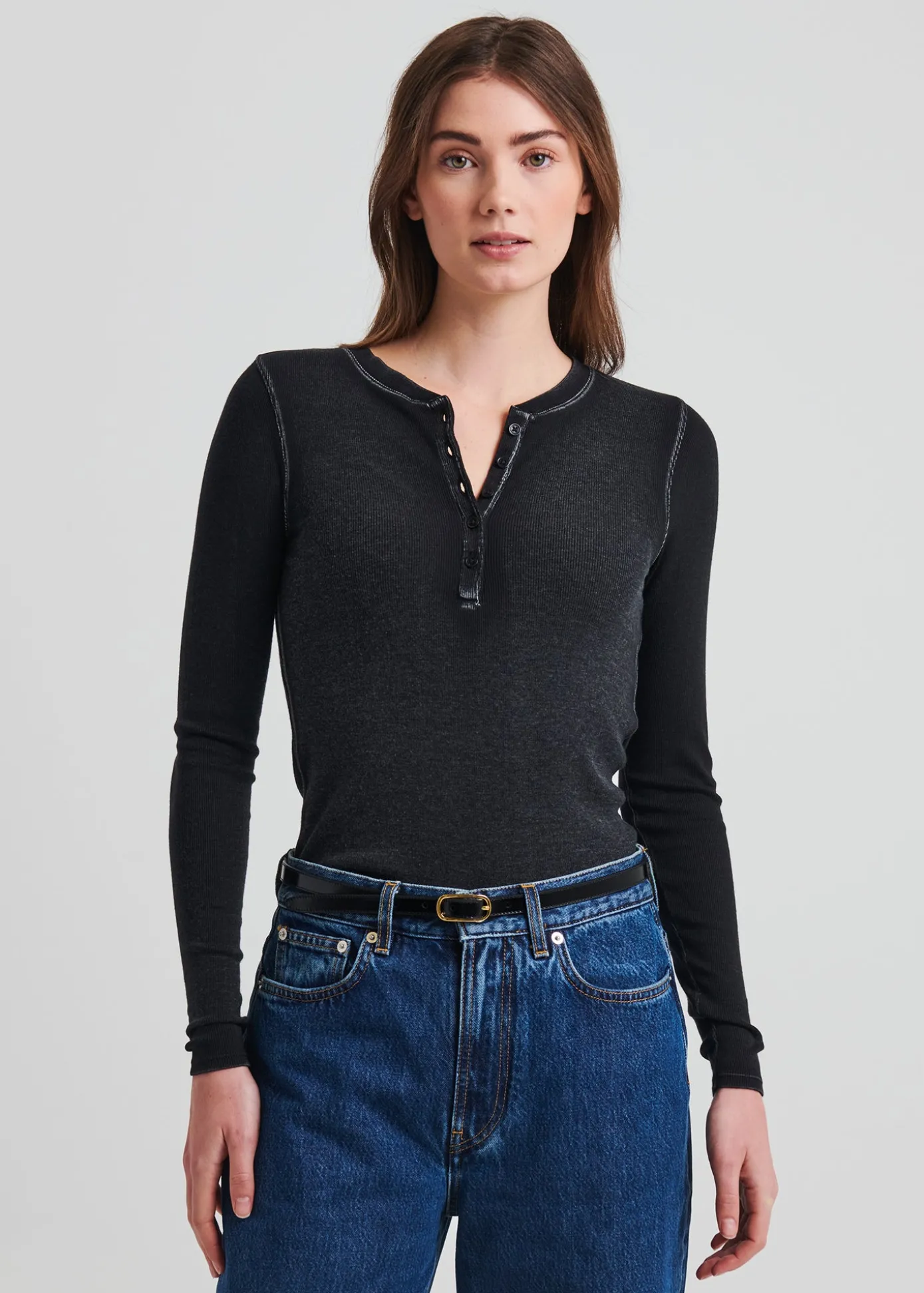 Vintage Wash Pima Cotton Stretch Ribbed Long Sleeve Henley