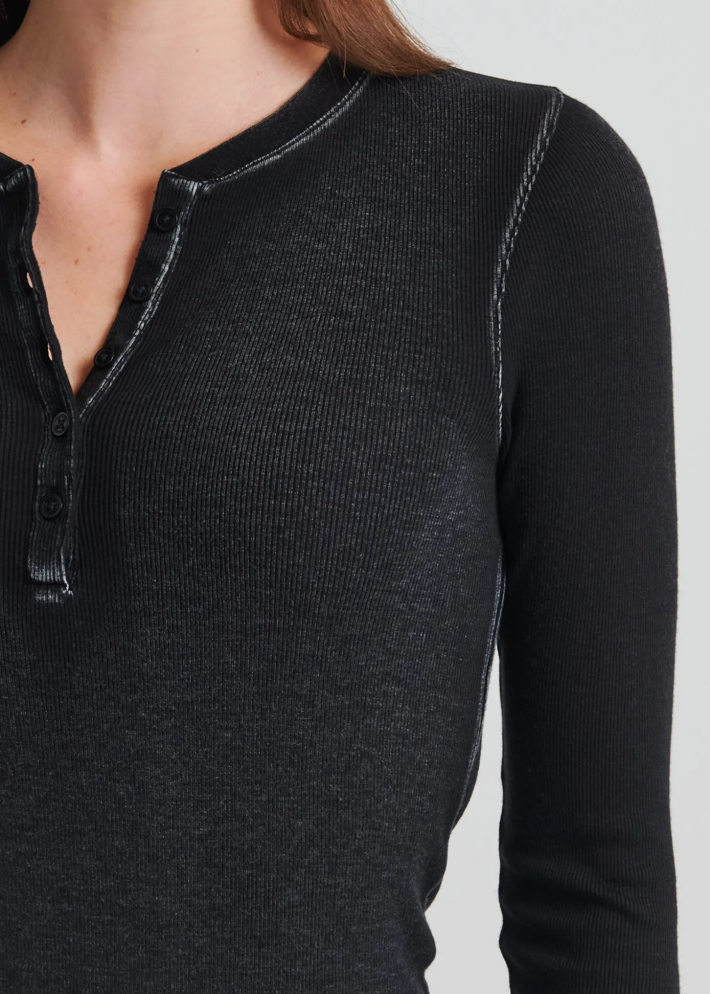 Vintage Wash Pima Cotton Stretch Ribbed Long Sleeve Henley