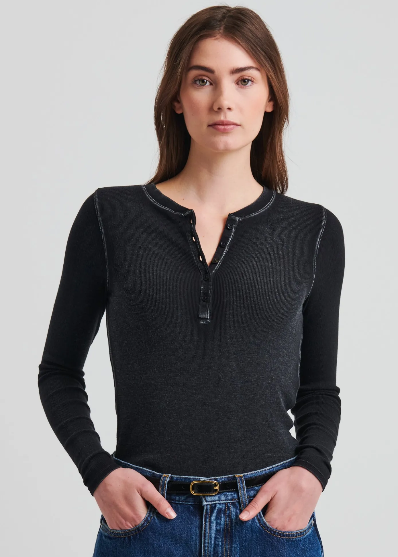 Vintage Wash Pima Cotton Stretch Ribbed Long Sleeve Henley