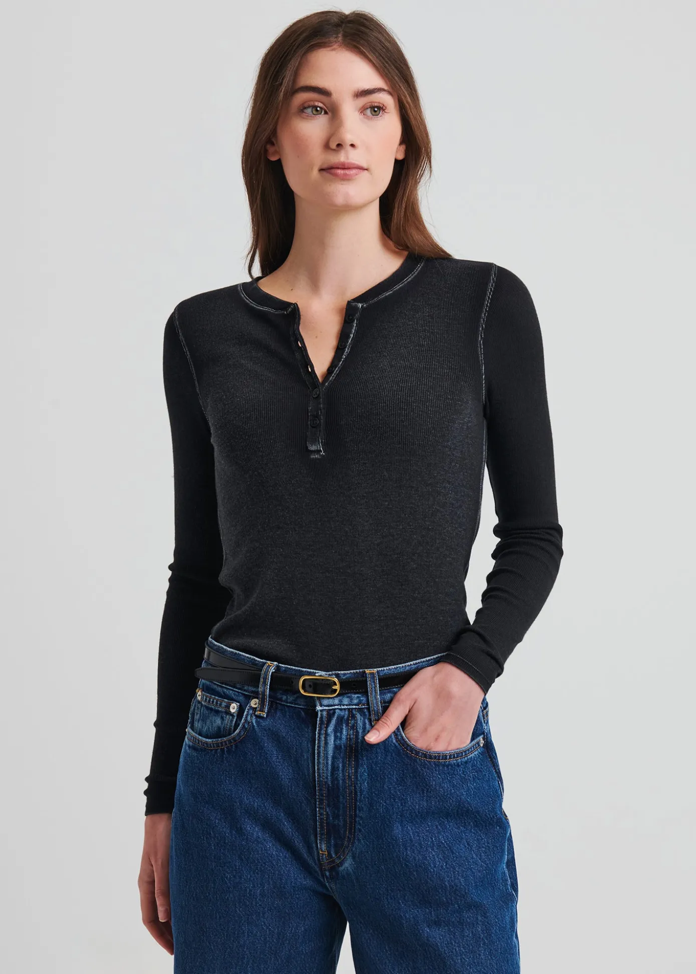 Vintage Wash Pima Cotton Stretch Ribbed Long Sleeve Henley