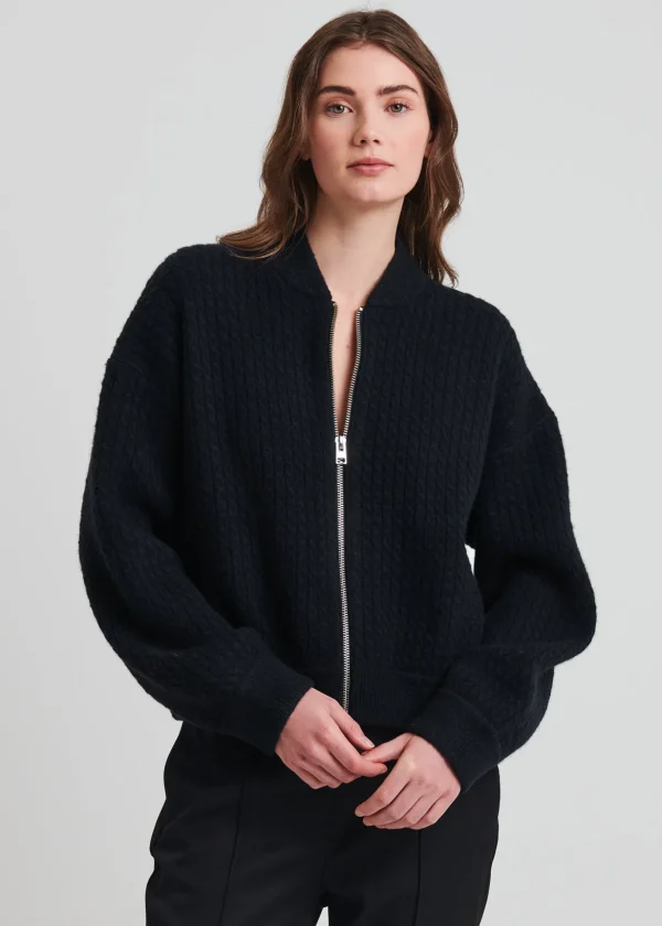 Wool Blend Cable Zip-Up Bomber